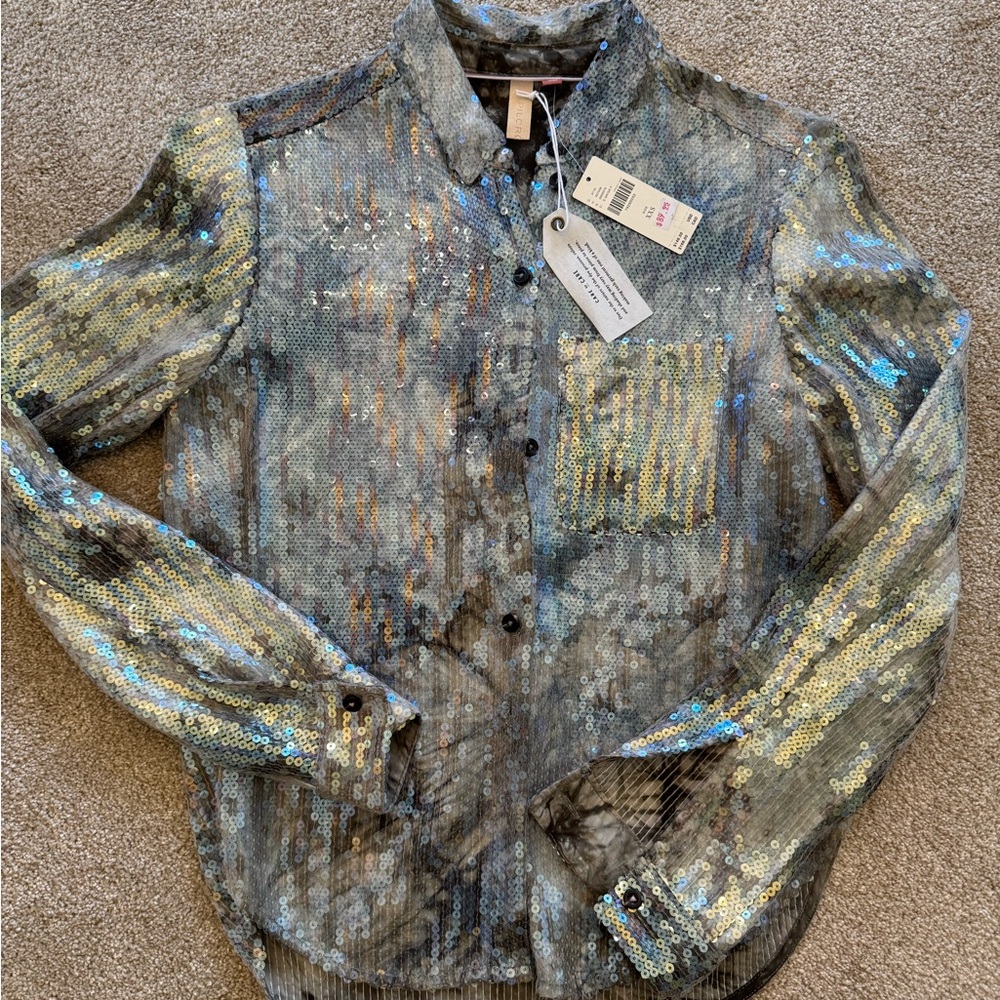 Pilcro Sequin Long Sleeve Button-Up Shirt